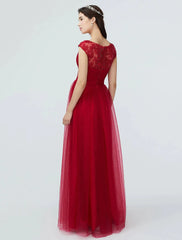 A-Line Bridesmaid Dress V Neck Short Sleeve Sparkle & Shine Floor Length Lace / Tulle with Lace / Pleats - RongMoon