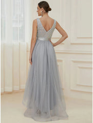 A-Line Bridesmaid Dress V Neck Sleeveless Elegant Asymmetrical Sequined with Sequin / Tier - RongMoon