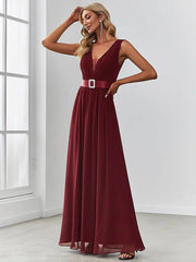 A-Line Bridesmaid Dress V Neck Sleeveless Elegant Floor Length Chiffon with Draping / Crystal Brooch / Ruching - RongMoon