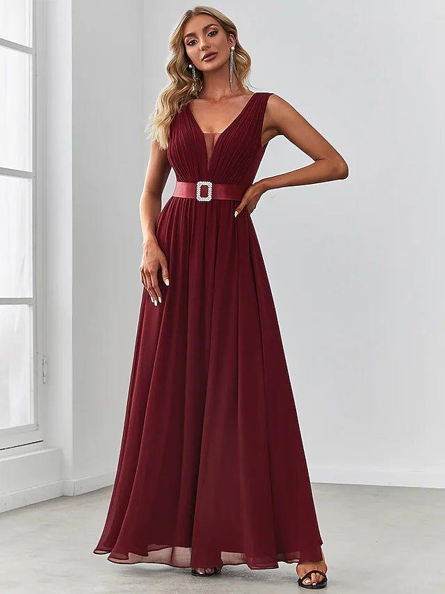 A-Line Bridesmaid Dress V Neck Sleeveless Elegant Floor Length Chiffon with Draping / Crystal Brooch / Ruching - RongMoon