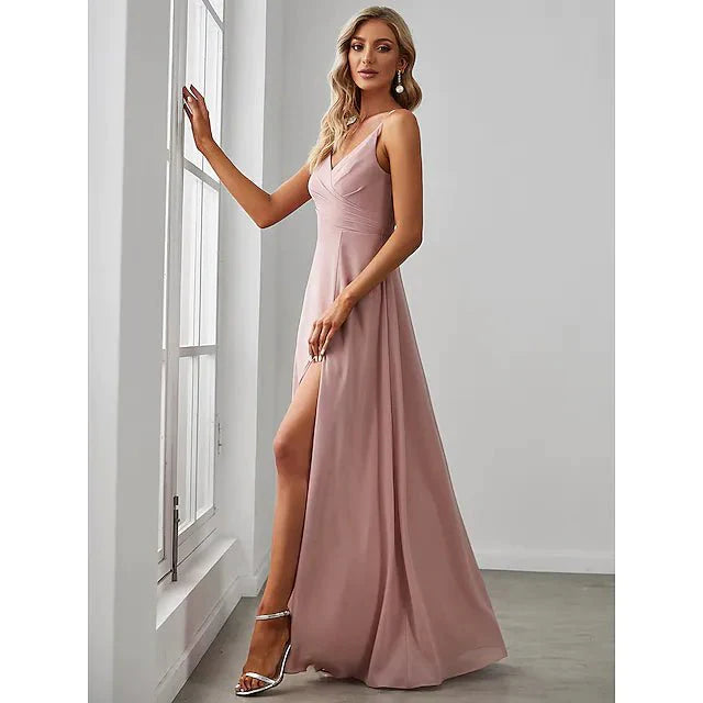 A-Line Bridesmaid Dress V Neck Sleeveless Elegant Floor Length Chiffon with Draping / Solid Color - RongMoon