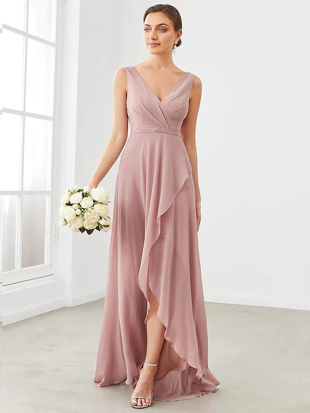 A-Line Bridesmaid Dress V Neck Sleeveless Elegant Floor Length Chiffon with Pleats / Ruffles / Tier - RongMoon