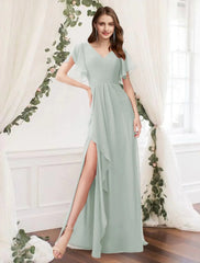 A-Line Bridesmaid Dress V Neck Sleeveless Elegant Floor Length Chiffon with Ruffles / Split Front - RongMoon