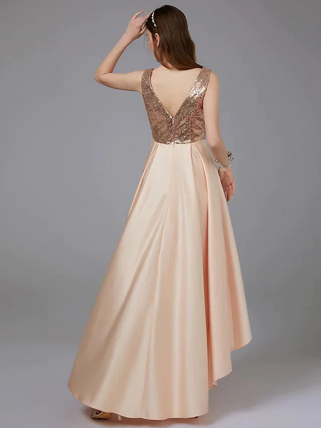 A-Line Bridesmaid Dress V Neck Sleeveless Elegant Floor Length Satin with Pattern / Print - RongMoon