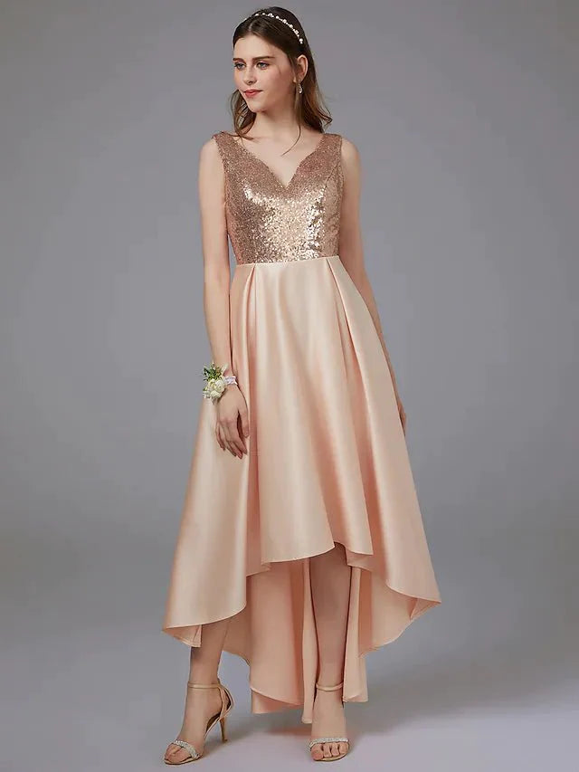 A-Line Bridesmaid Dress V Neck Sleeveless Elegant Floor Length Satin with Pattern / Print - RongMoon