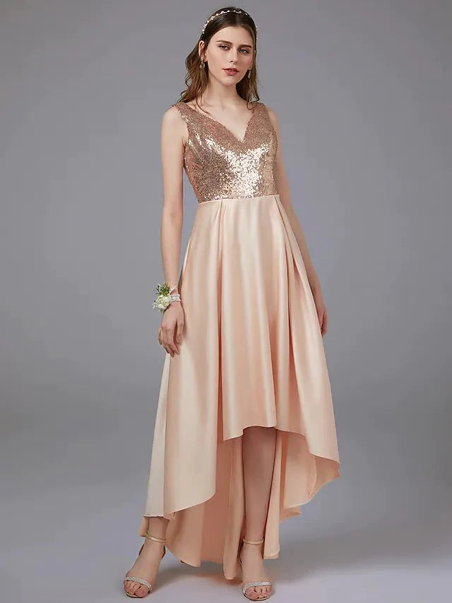 A-Line Bridesmaid Dress V Neck Sleeveless Elegant Floor Length Satin with Pattern / Print - RongMoon