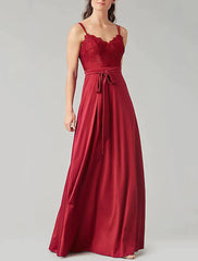 A-Line Bridesmaid Dress V Neck Sleeveless Elegant Floor Length Satin with Pleats - RongMoon
