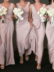A-Line Bridesmaid Dress V Neck Sleeveless Elegant Floor Length Spandex with Ruching / Solid Color - RongMoon
