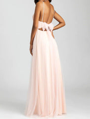 A-Line Bridesmaid Dress V Neck Sleeveless Elegant Floor Length Tulle with Bow(s) / Pleats - RongMoon