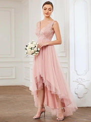 A-Line Bridesmaid Dress V Neck Sleeveless Elegant Short / Mini Lace / Tulle with Draping / Ruching - RongMoon