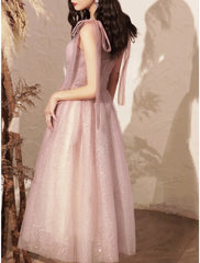 A-Line Bridesmaid Dress V Neck Sleeveless Elegant Tea Length Tulle with Bow(s) / Sequin - RongMoon