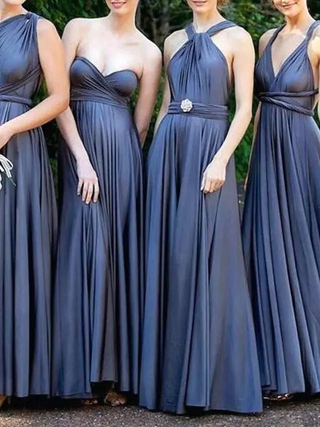 A-Line Bridesmaid Dress V Neck Sleeveless Sexy Floor Length Spandex with Pleats - RongMoon