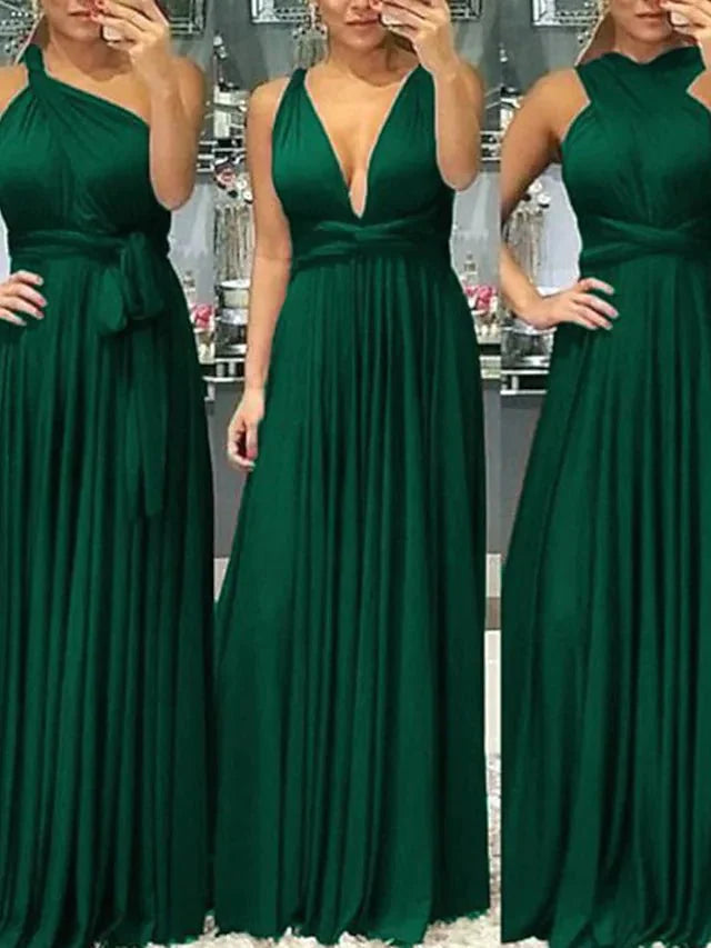 A-Line Bridesmaid Dress V Neck Sleeveless Sexy Floor Length Spandex with Sash / Ribbon / Ruching - RongMoon