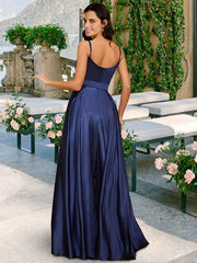 A-Line Bridesmaid Dress V Neck / Spaghetti Strap Sleeveless Sexy Floor Length Charmeuse with Bow(s) / Pleats - RongMoon