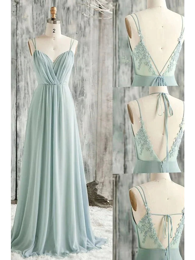 A-Line Bridesmaid Dress V Neck / Spaghetti Strap Sleeveless Sexy Floor Length Chiffon / Lace with Appliques - RongMoon