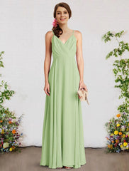 A-Line Bridesmaid Dress V Neck / Spaghetti Strap Sleeveless Sexy Floor Length Chiffon with Pleats - RongMoon