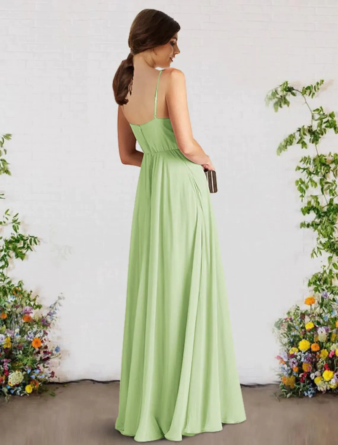 A-Line Bridesmaid Dress V Neck / Spaghetti Strap Sleeveless Sexy Floor Length Chiffon with Pleats - RongMoon