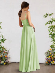 A-Line Bridesmaid Dress V Neck / Spaghetti Strap Sleeveless Sexy Floor Length Chiffon with Pleats - RongMoon