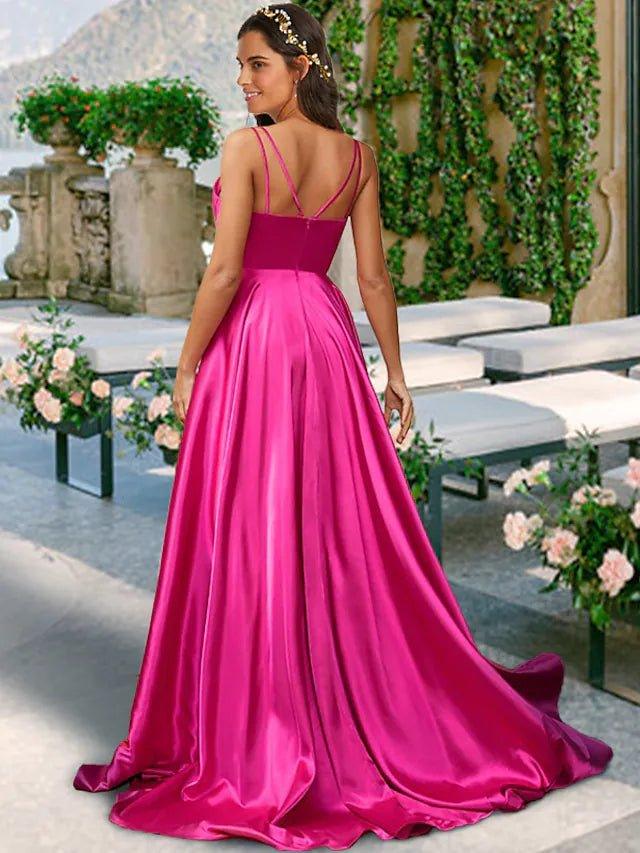 A-Line Bridesmaid Dress V Neck / Spaghetti Strap Sleeveless Sexy Sweep / Brush Train Charmeuse with Pleats / Solid Color - RongMoon