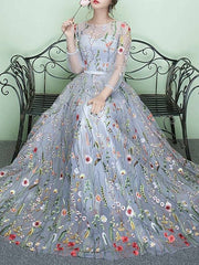 A-Line Elegant Floral Party Wear Prom Dress Jewel Neck 3/4 Length Sleeve Floor Length Lace Tulle with Embroidery - RongMoon