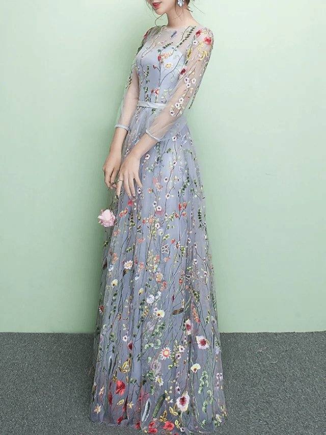 A-Line Elegant Floral Party Wear Prom Dress Jewel Neck 3/4 Length Sleeve Floor Length Lace Tulle with Embroidery - RongMoon