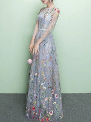A-Line Elegant Floral Party Wear Prom Dress Jewel Neck 3/4 Length Sleeve Floor Length Lace Tulle with Embroidery - RongMoon