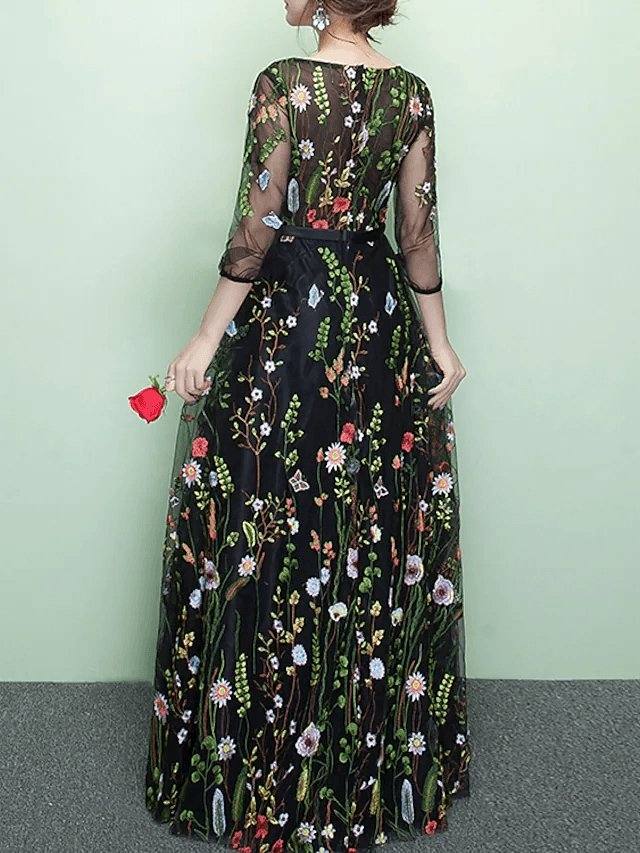A-Line Elegant Floral Party Wear Prom Dress Jewel Neck 3/4 Length Sleeve Floor Length Lace Tulle with Embroidery - RongMoon