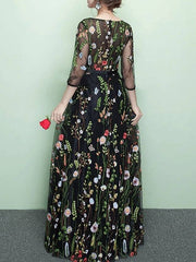 A-Line Elegant Floral Party Wear Prom Dress Jewel Neck 3/4 Length Sleeve Floor Length Lace Tulle with Embroidery - RongMoon