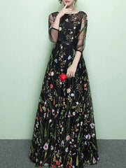 A-Line Elegant Floral Party Wear Prom Dress Jewel Neck 3/4 Length Sleeve Floor Length Lace Tulle with Embroidery - RongMoon