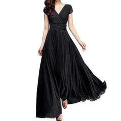 A-Line Empire Minimalist Wedding Guest Engagement Dress V Neck Short Sleeve Floor Length Chiffon with Pure Color - RongMoon