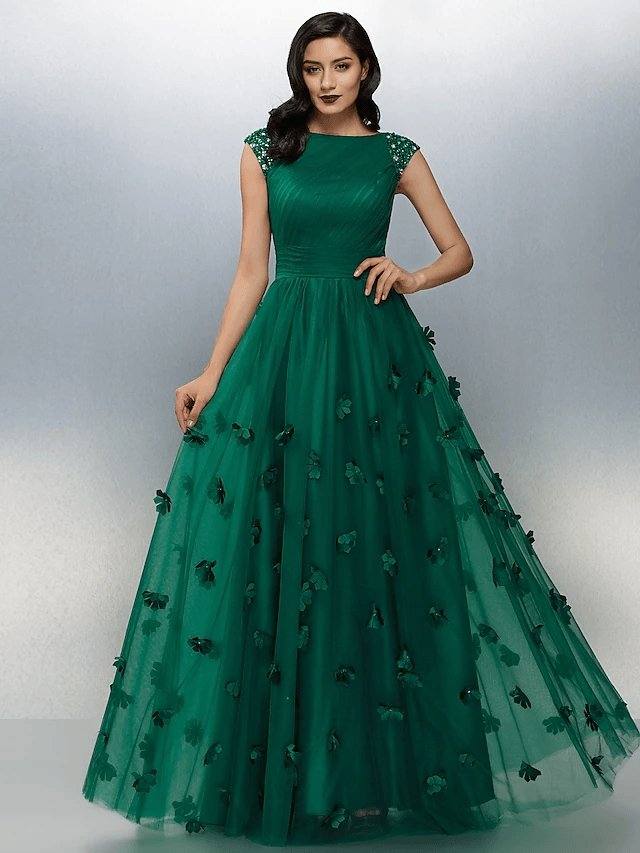 A-Line Floral Prom Formal Evening Dress Boat Neck Short Sleeve Floor Length Tulle with Crystals Appliques - RongMoon