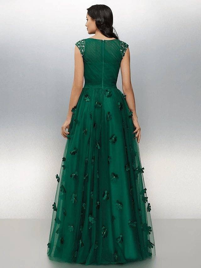 A-Line Floral Prom Formal Evening Dress Boat Neck Short Sleeve Floor Length Tulle with Crystals Appliques - RongMoon