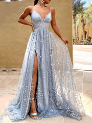 A-Line Glittering Sexy Engagement Prom Dress V Neck Sleeveless Sweep / Brush Train Satin with Pleats Sequin Split - RongMoon