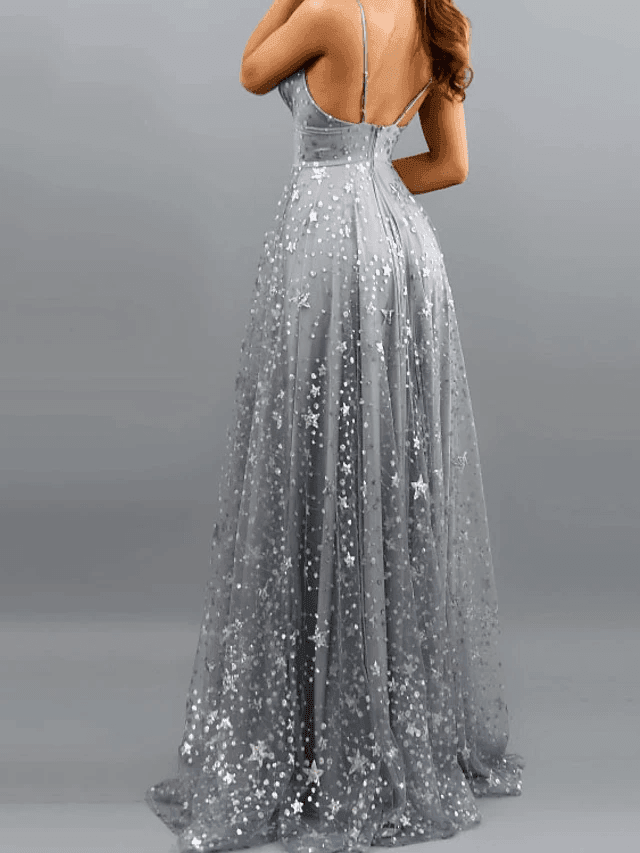 A-Line Glittering Sexy Engagement Prom Dress V Neck Sleeveless Sweep / Brush Train Satin with Pleats Sequin Split - RongMoon