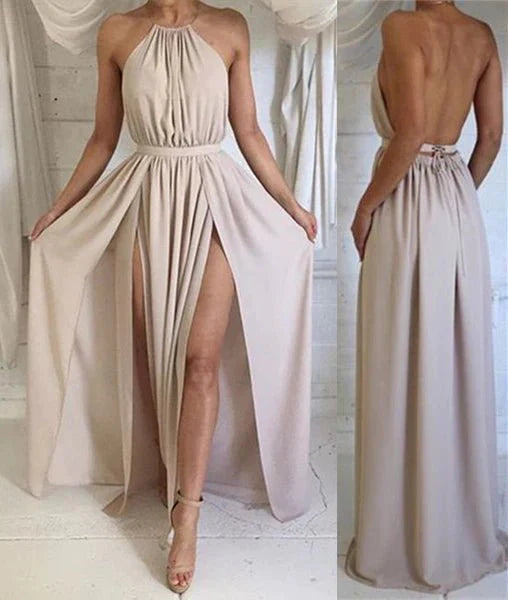 A Line High Neck Backless Chiffon Long Prom Dresses, Long Formal Dresses, Backless Bridesmaid Dresses - RongMoon