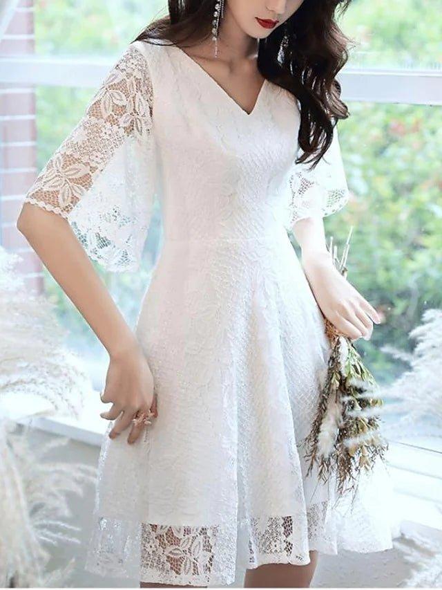 A-Line / Mermaid / Trumpet Bridesmaid Dress V Neck 3/4 Length Sleeve Keyhole Lace with Lace - RongMoon