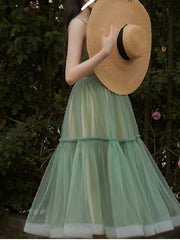 A-Line Minimalist Cute Party Wear Prom Dress Spaghetti Strap Sleeveless Tea Length Tulle with Sash / Ribbon Pure Color - RongMoon