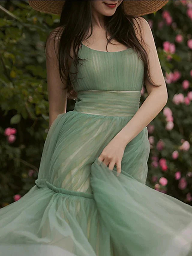 A-Line Minimalist Cute Party Wear Prom Dress Spaghetti Strap Sleeveless Tea Length Tulle with Sash / Ribbon Pure Color - RongMoon