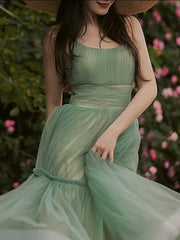 A-Line Minimalist Cute Party Wear Prom Dress Spaghetti Strap Sleeveless Tea Length Tulle with Sash / Ribbon Pure Color - RongMoon