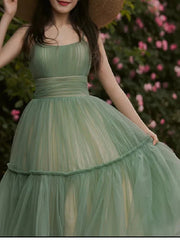 A-Line Minimalist Cute Party Wear Prom Dress Spaghetti Strap Sleeveless Tea Length Tulle with Sash / Ribbon Pure Color - RongMoon