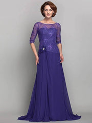 A-Line Mother of the Bride Dress Bateau Neck Sweep / Brush Train Chiffon Lace 3/4 Length Sleeve with Flower 2022 / Illusion Sleeve - RongMoon