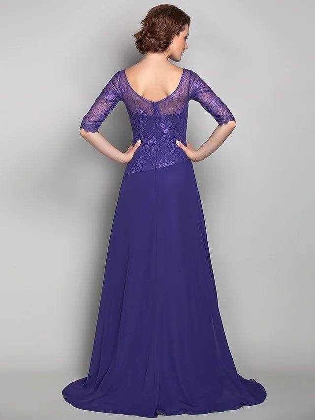 A-Line Mother of the Bride Dress Bateau Neck Sweep / Brush Train Chiffon Lace 3/4 Length Sleeve with Flower 2022 / Illusion Sleeve - RongMoon