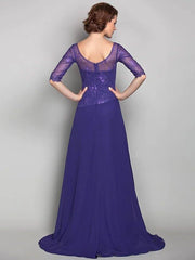 A-Line Mother of the Bride Dress Bateau Neck Sweep / Brush Train Chiffon Lace 3/4 Length Sleeve with Flower 2022 / Illusion Sleeve - RongMoon