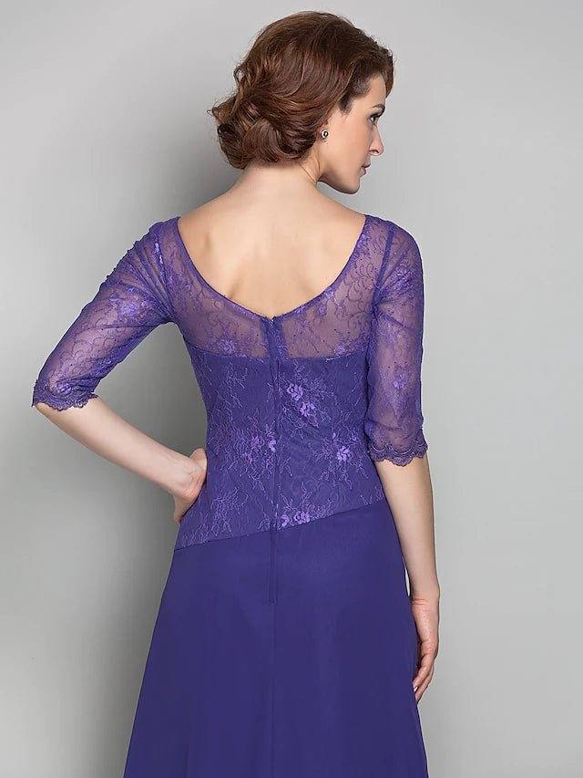 A-Line Mother of the Bride Dress Bateau Neck Sweep / Brush Train Chiffon Lace 3/4 Length Sleeve with Flower 2022 / Illusion Sleeve - RongMoon