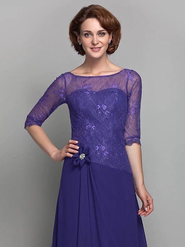 A-Line Mother of the Bride Dress Bateau Neck Sweep / Brush Train Chiffon Lace 3/4 Length Sleeve with Flower 2022 / Illusion Sleeve - RongMoon
