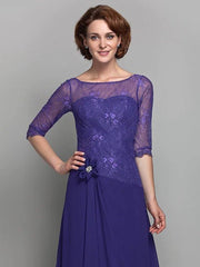 A-Line Mother of the Bride Dress Bateau Neck Sweep / Brush Train Chiffon Lace 3/4 Length Sleeve with Flower 2022 / Illusion Sleeve - RongMoon