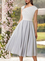 A-Line Mother of the Bride Dress Elegant Bateau Neck Tea Length Lace Charmeuse Half Sleeve with Pleats Crystal Brooch - RongMoon