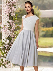 A-Line Mother of the Bride Dress Elegant Bateau Neck Tea Length Lace Charmeuse Half Sleeve with Pleats Crystal Brooch - RongMoon