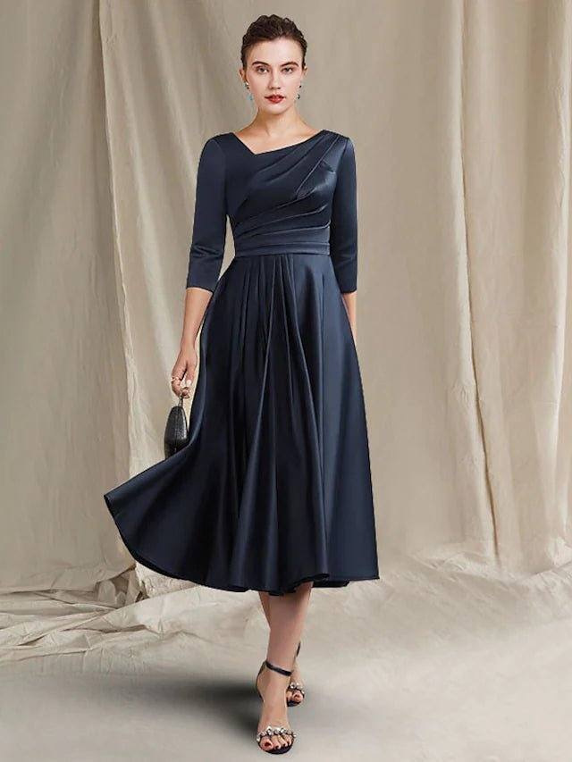 A-Line Mother of the Bride Dress Elegant Bateau Neck V Neck Tea Length Satin Half Sleeve with Pleats Ruched - RongMoon