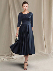 A-Line Mother of the Bride Dress Elegant Bateau Neck V Neck Tea Length Satin Half Sleeve with Pleats Ruched - RongMoon